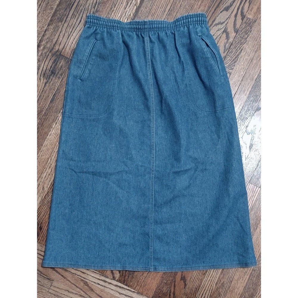 Koret City Blues Denim Midi Skirt Blue Elastic Waist Pockets Made in USA 27W